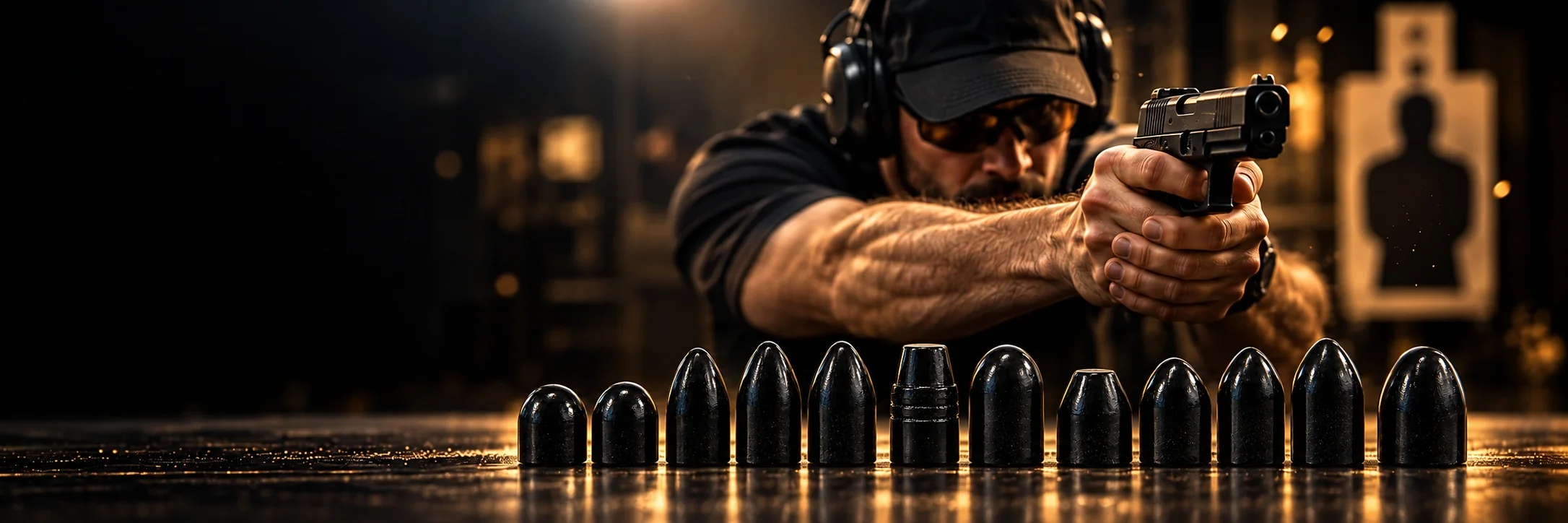 Atirador esportivo ao fundo e projéteis pretos Eagle Bullets em destaque no primeiro plano